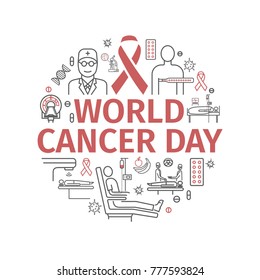 February 4, World Cancer Day. Infographics Banner. Line icons set. Vector sign for web graphic.