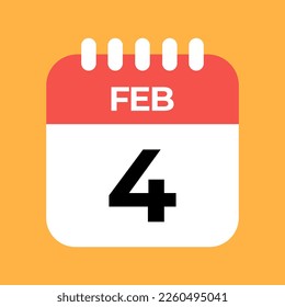 4 de febrero. Cuarto día. Plantilla de calendario rojo con fondo naranja.