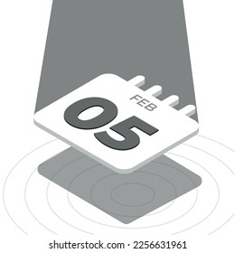 February 5 - Black and white 3D calendar floating with spotlight on white background