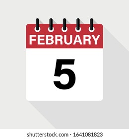 February 5 - Calendar Icon. Calendar Icon with shadow. Flat style. Date, day and month.