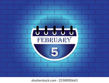 February 5 calendar sign on blue neon brick wall background. Flat design style. Date, day and month. Vector illustration.