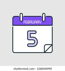 February 5.Calendar icon.Vector illustration,flat style.Date,day of month:Sunday,Monday,Tuesday,Wednesday,Thursday,Friday,Saturday.Weekend,red letter day.Calendar for 2019 year.Holidays in January