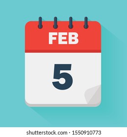 February 5th. Daily calendar icon in vector format.  Date, time, day, month. Holidays
