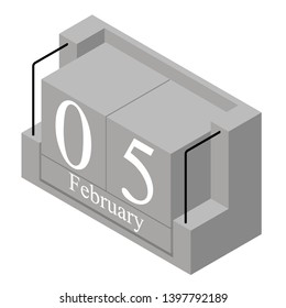 February 5th date on a single day calendar. Gray wood block calendar present date 5 and month February isolated on white background. Holiday. Season. Vector isometric illustration