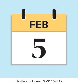 February 5th. Serif Font. Feb 5. Daily Calendar in Flat Design. Yellow Illustration with Soft Blue Background. Time Concept. Date Icon.