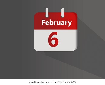 February 6, calendar date icon on gray to light gradient background with shadows