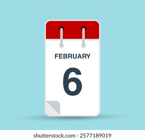 February 6 calendar icon isolated on background. February vector for day of week and month in red.. Calendar design vector template. Vertical orientation.