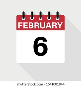 February 6 - Calendar Icon. Calendar Icon with shadow. Flat style. Date, day and month.