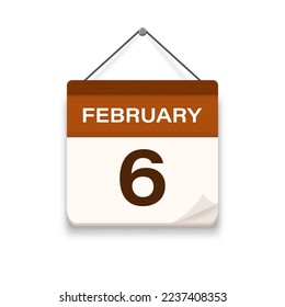 February 6, Calendar icon with shadow. Day, month. Meeting appointment time. Event schedule date. Flat vector illustration. 