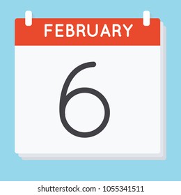 February 6. Calendar icon. Vector illustration in flat design isolated in blue background. Date and time, day, month.
