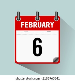 6 de febrero, ilustración vectorial de icono de calendario, aislada en fondo azul claro.
