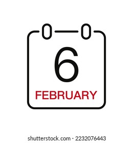 February 6 date on the calendar, vector line stroke icon for user interface. Calendar with date, vector illustration.
