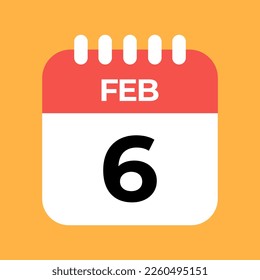 February 6st. Day six. Red Calendar Template with Orange Background.