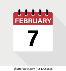 February 7 - Calendar Icon. Calendar Icon with shadow. Flat style. Date, day and month.