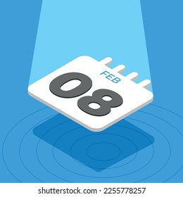 8 de febrero - calendario 3D flotando con foco en fondo azul