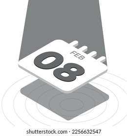 8 de febrero - Calendario 3D blanco y negro flotando con el foco en el fondo blanco