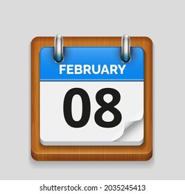 February 8 blue daily realistic calendar with wooden frame icon date vector image