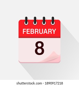 8 de febrero, icono del calendario con sombra. Día, mes. Ilustración vectorial plana.