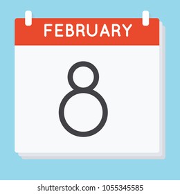 February 8. Calendar icon. Vector illustration in flat design isolated in blue background. Date and time, day, month.