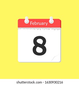 February 8- Calendar Icon - Vector Illustration on a Yellow Background Design.