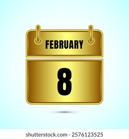 February 8 calendar and time planner on gold background. Daily calendar icon, schedule symbol
