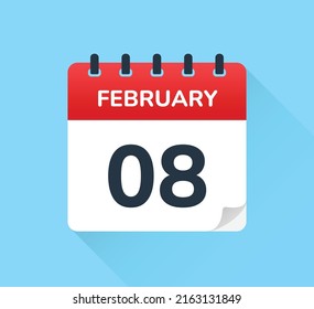 February 8 date on calendar vector icon