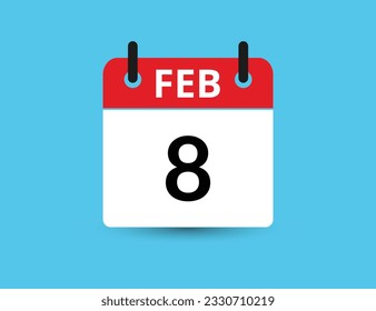 8 de febrero. Calendario de icono plano aislado en fondo azul. Ilustración vectorial de fecha y mes