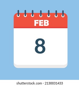 February 8. Round calendar Icon with long shadow in a Flat Design style.  Vector Illustration. Easy to edit, manipulate, resize or colorize.