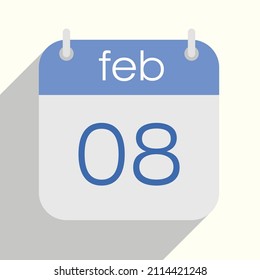 february 8th calendar vector illustration. february eigth. Blue and gray colors. Drop shadow. Flat design style.
