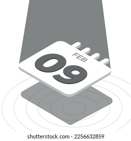 February 9 - Black and white 3D calendar floating with spotlight on white background