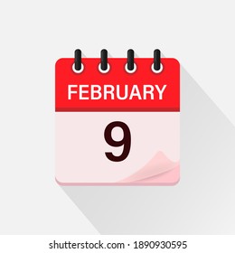 9 de febrero, icono del calendario con sombra. Día, mes. Ilustración vectorial plana.