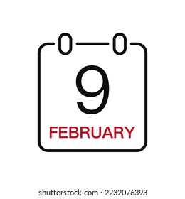 February 9 date on the calendar, vector line stroke icon for user interface. Calendar with date, vector illustration.