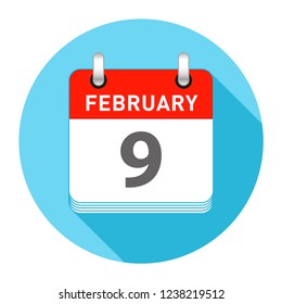 February 9 Date on a Single Day Calendar in Flat Style with long flat shadow on a blue background