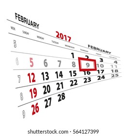February 9, highlighted on 2017 calendar. Vector Illustration.