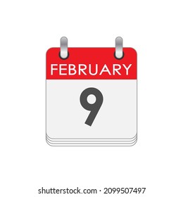 9 de febrero. Una hoja del calendario inverso con la fecha del 9 de febrero. Estilo plano.