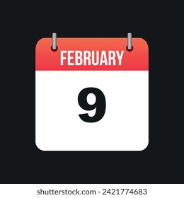 February 9, Red and White Color Calendar Page with Black Outline