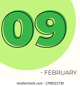 9 de febrero Calendario moderno aislado en fondo blanco. Ilustración vectorial. Colores verdes 