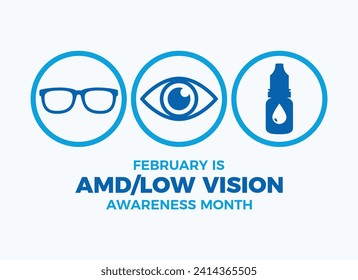 February is AMD and Low Vision Awareness Month poster vector illustration. Human eye, glasses, eye drops bottle simple blue icon set. Healthy vision graphic design element. Important day