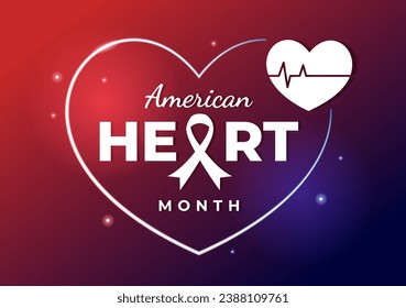 February is American Heart Month Vector Illustration with USA Flag and Red Love for Healthy in Flat Cartoon Background Design