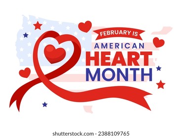 Februar ist eine US-amerikanische Heart Month-Vektorgrafik mit der Flagge der USA und der Roten Liebe für gesund in flattem Cartoon-Hintergrund-Design