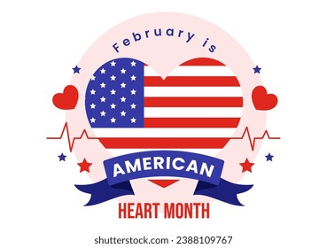 February is American Heart Month Vector Illustration with USA Flag and Red Love for Healthy in Flat Cartoon Background Design