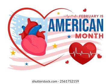 February is American Heart Month Vector Illustration Featuring a USA Flag and Red Heart Symbol for Health Awareness in a Flat Style Cartoon Background