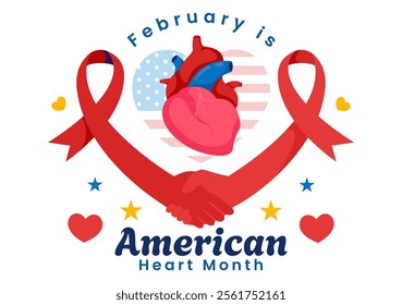 February is American Heart Month Vector Illustration Featuring a USA Flag and Red Heart Symbol for Health Awareness in a Flat Style Cartoon Background