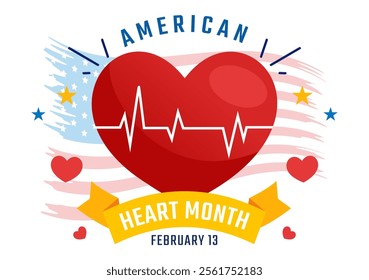 February is American Heart Month Vector Illustration Featuring a USA Flag and Red Heart Symbol for Health Awareness in a Flat Style Cartoon Background