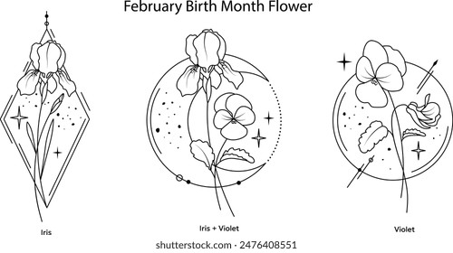 February Birth Month Flower, Iris and Violet Line Illustrations with geometrical shapes, outline hand painted floral bouquet, tattoo design