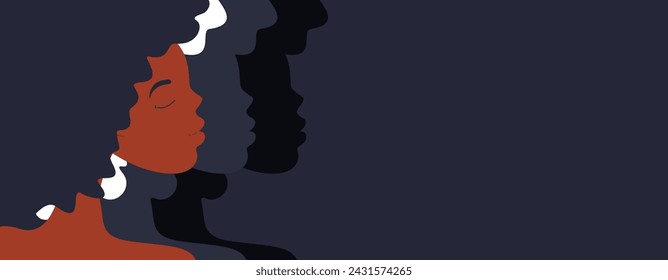 February is Black History Month banner. Smiling young women with black  skin colors. The background in dark shade of blue with black African and African American women. Happy Women's Day. Mother's Day