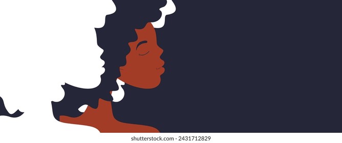 February is Black History Month banner. Smiling young girls. The background in dark shade of blue with black African and African American women. Happy Women's Day. Mother's Day. 
