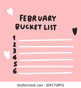 February Bucket List. Printable Template. Vector Illustration On Pink Background.