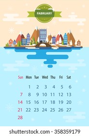 February. Calendar for 2016 in A4 format. Style flat design. Set 5. Landscape of a small town on the background of nature: mountains, buildings, trees, sky, clouds, water. Illustration. Image. Vector.