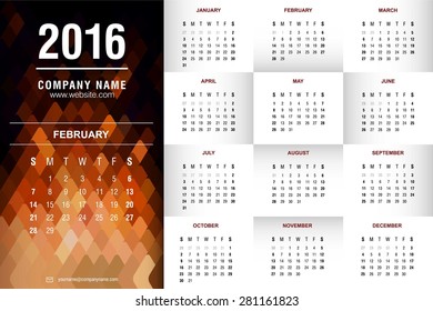 February Calendar - 2016 calendar template - polygonal abstract blue background - Vector illustration